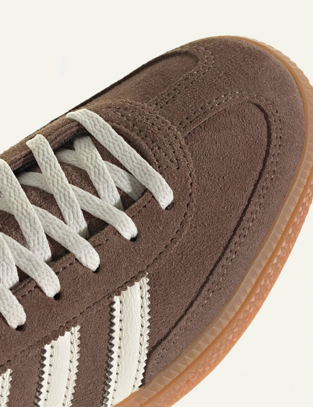 Women's adidas Originals Handball Spezial brown suede and leather sneakers with off-white 3-Stripes and gum sole front