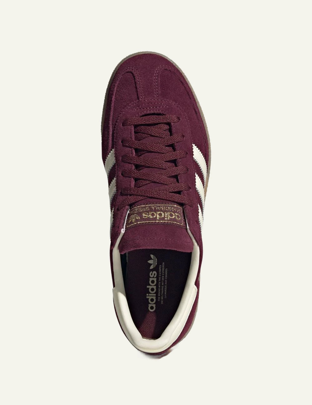 Women's adidas Originals Handball Spezial burgundy suede sneakers with cream leather stripes and gum sole top