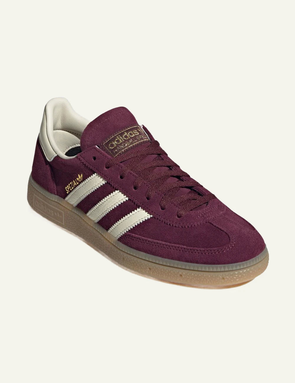 Women's adidas Originals Handball Spezial burgundy suede sneakers with cream leather stripes and gum sole angled