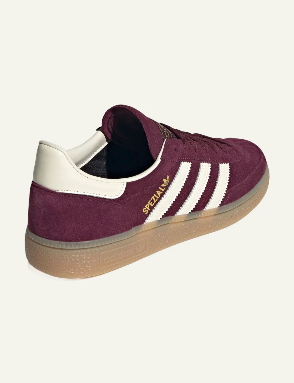 Women's adidas Originals Handball Spezial burgundy suede sneakers with cream leather stripes and gum sole back