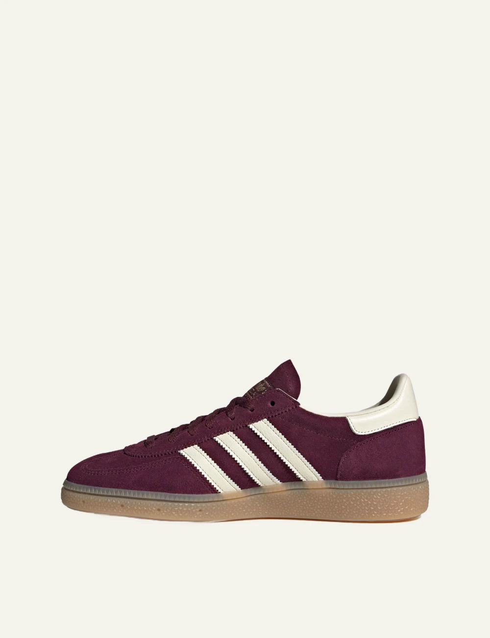 Women's adidas Originals Handball Spezial burgundy suede sneakers with cream leather stripes and gum sole profile