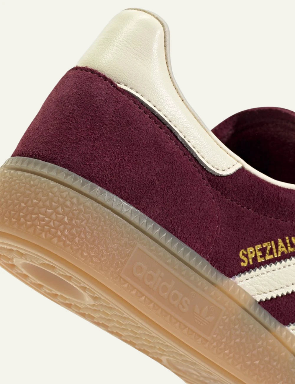 Women's adidas Originals Handball Spezial burgundy suede sneakers with cream leather stripes and gum sole back