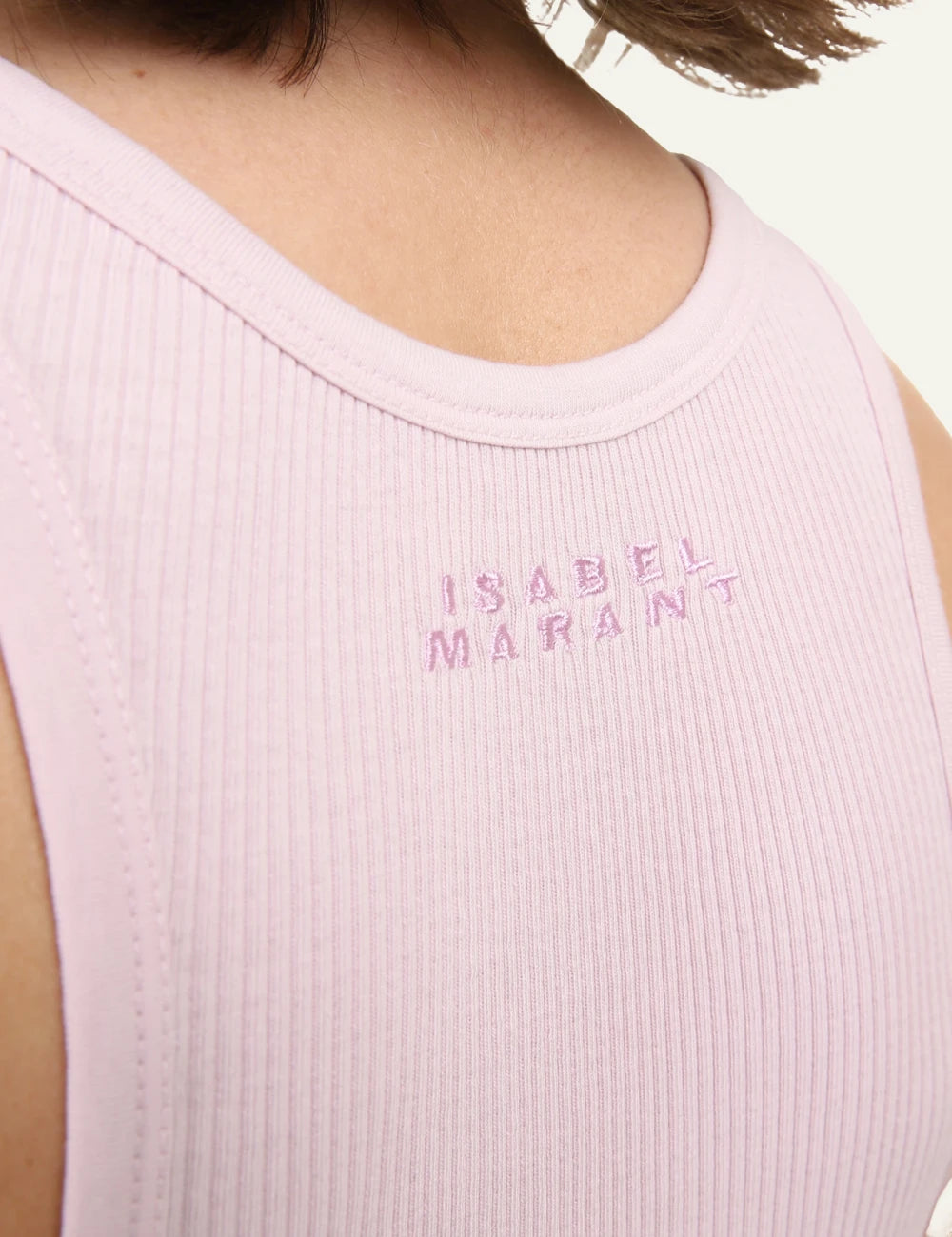Isabel Marant pink ribbed tank top logo detail close up