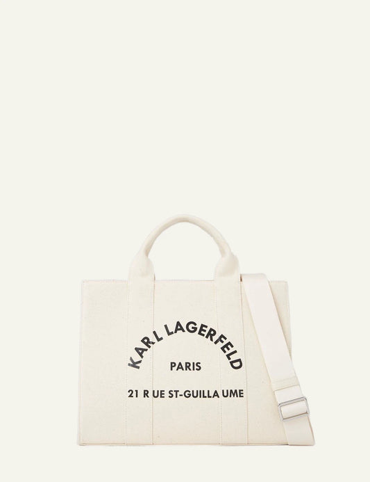 Karl Lagerfeld canvas tote bag angled front view with shoulder strap