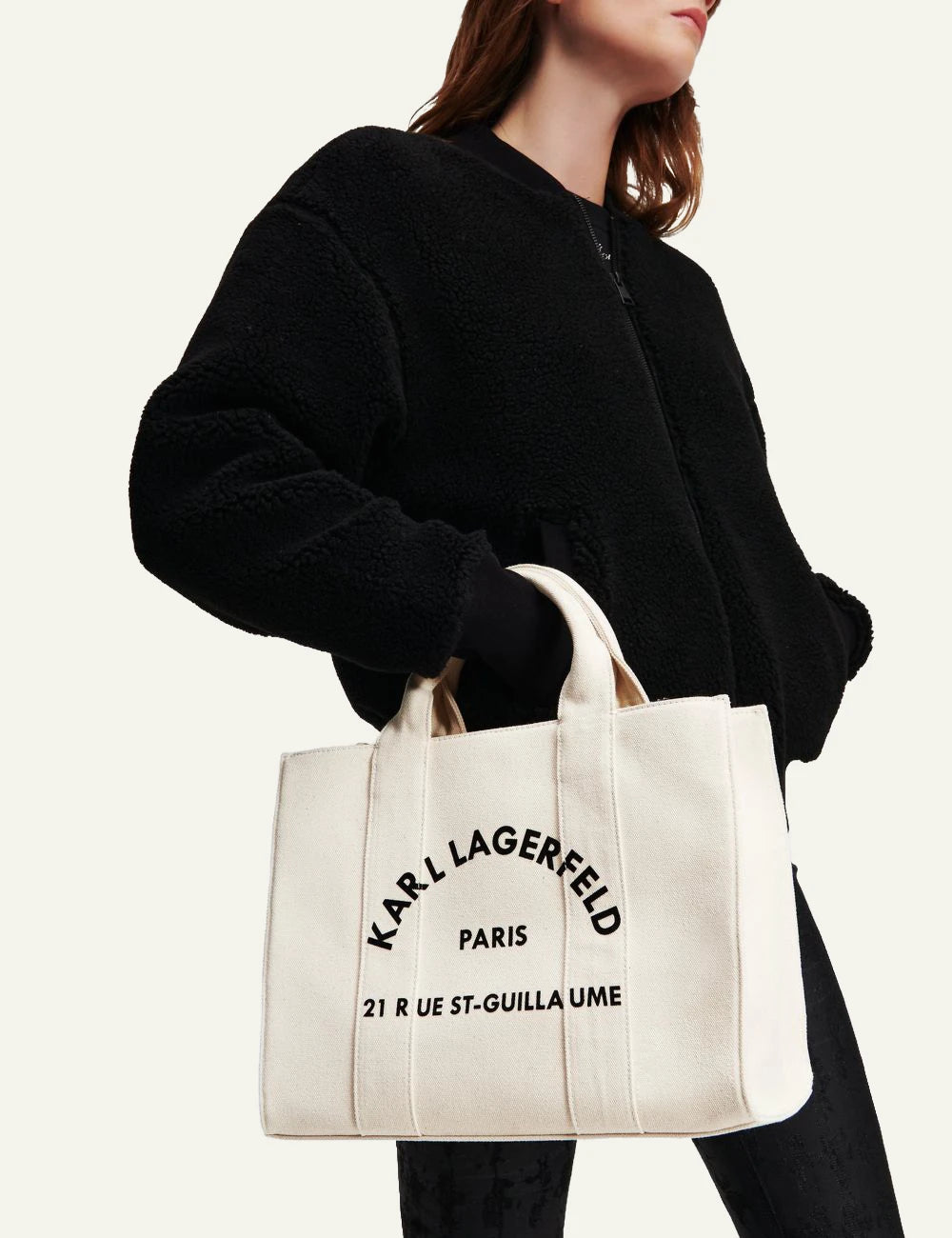 Karl Lagerfeld canvas tote bag lifestyle shot worn by model