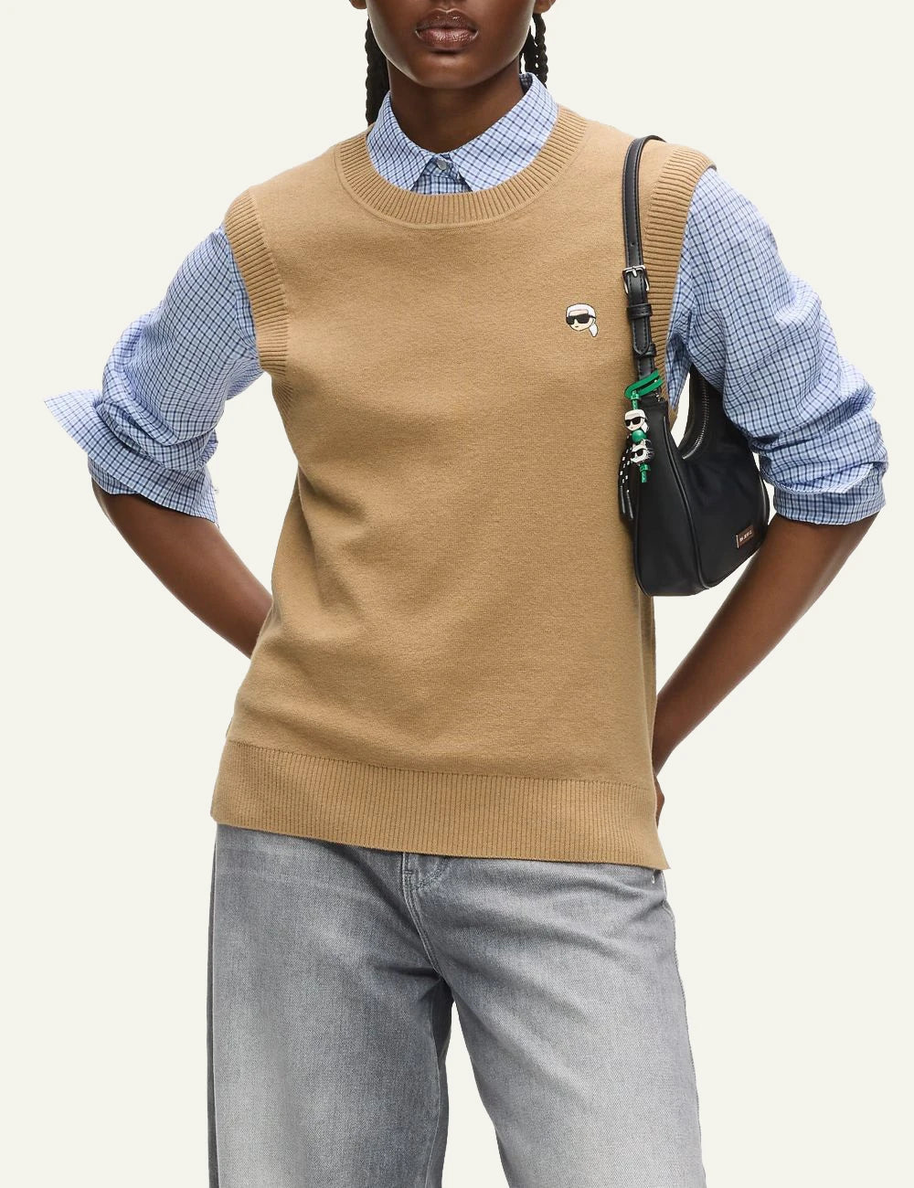 Karl Lagerfeld Ikon knit vest beige styled with shirt and bag