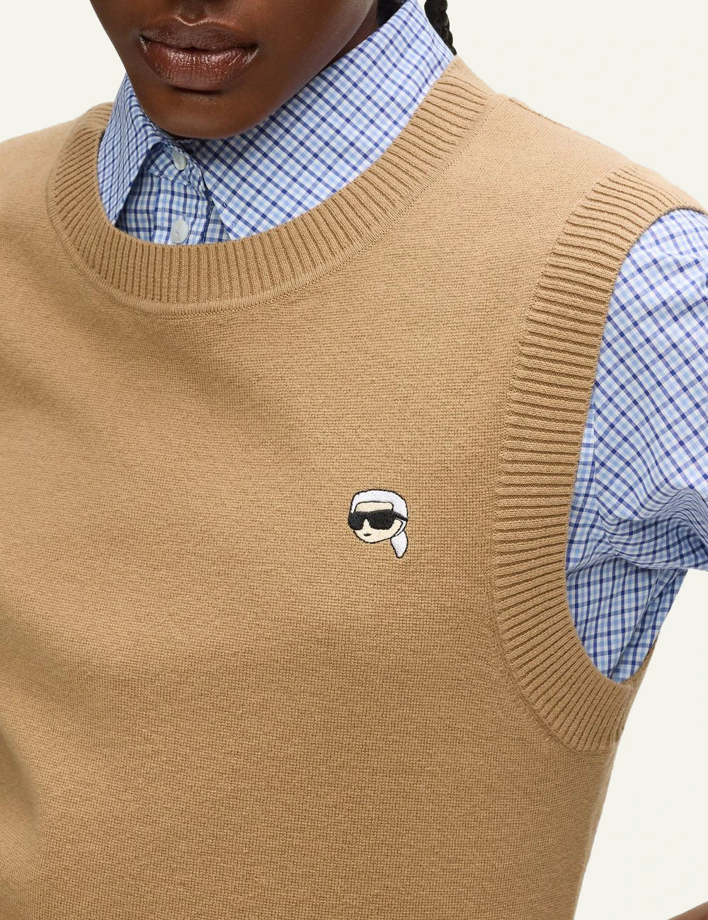 Karl Lagerfeld Ikon knit vest beige close-up with embroidered logo