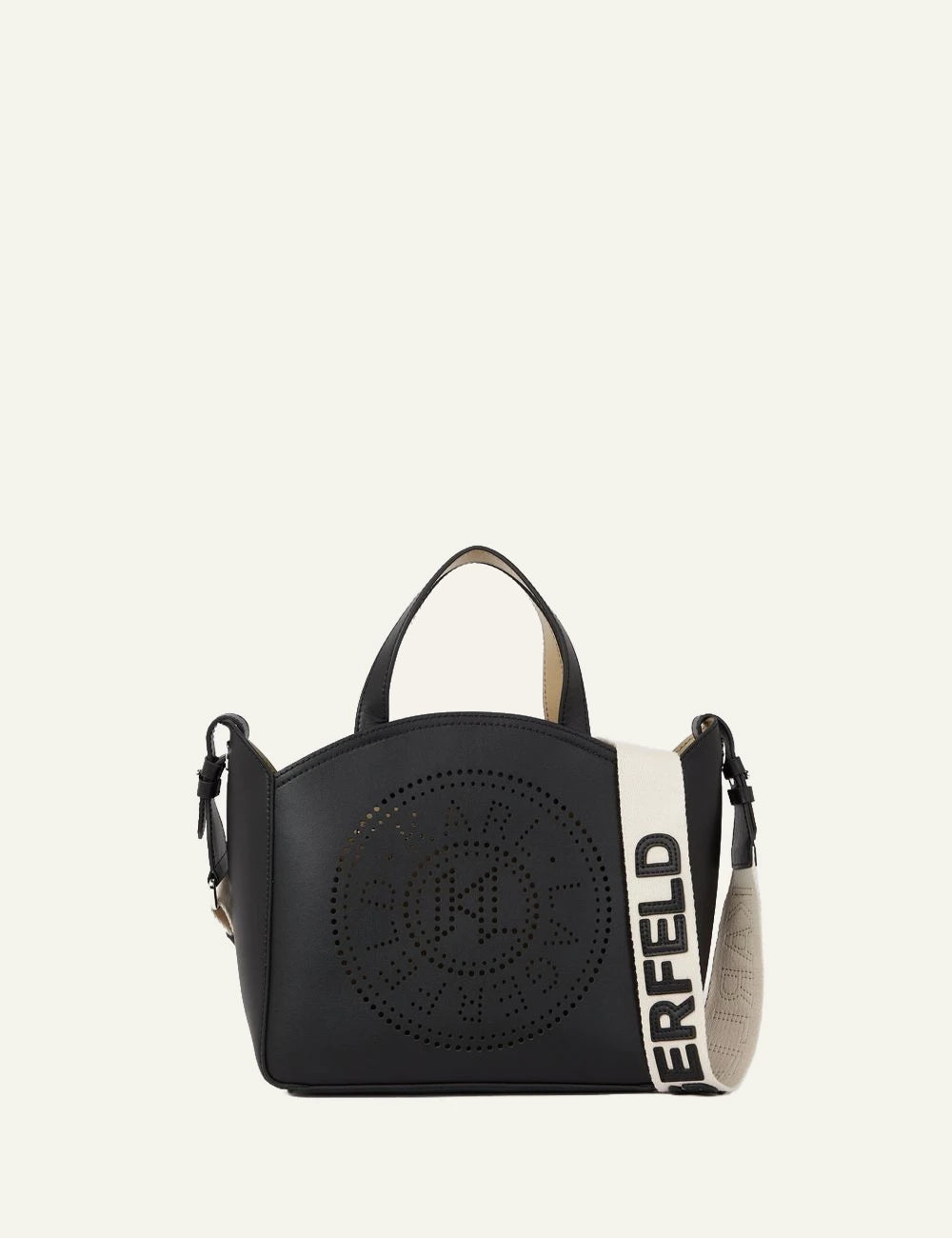 Karl Lagerfeld black small tote bag with perforated circular logo front view