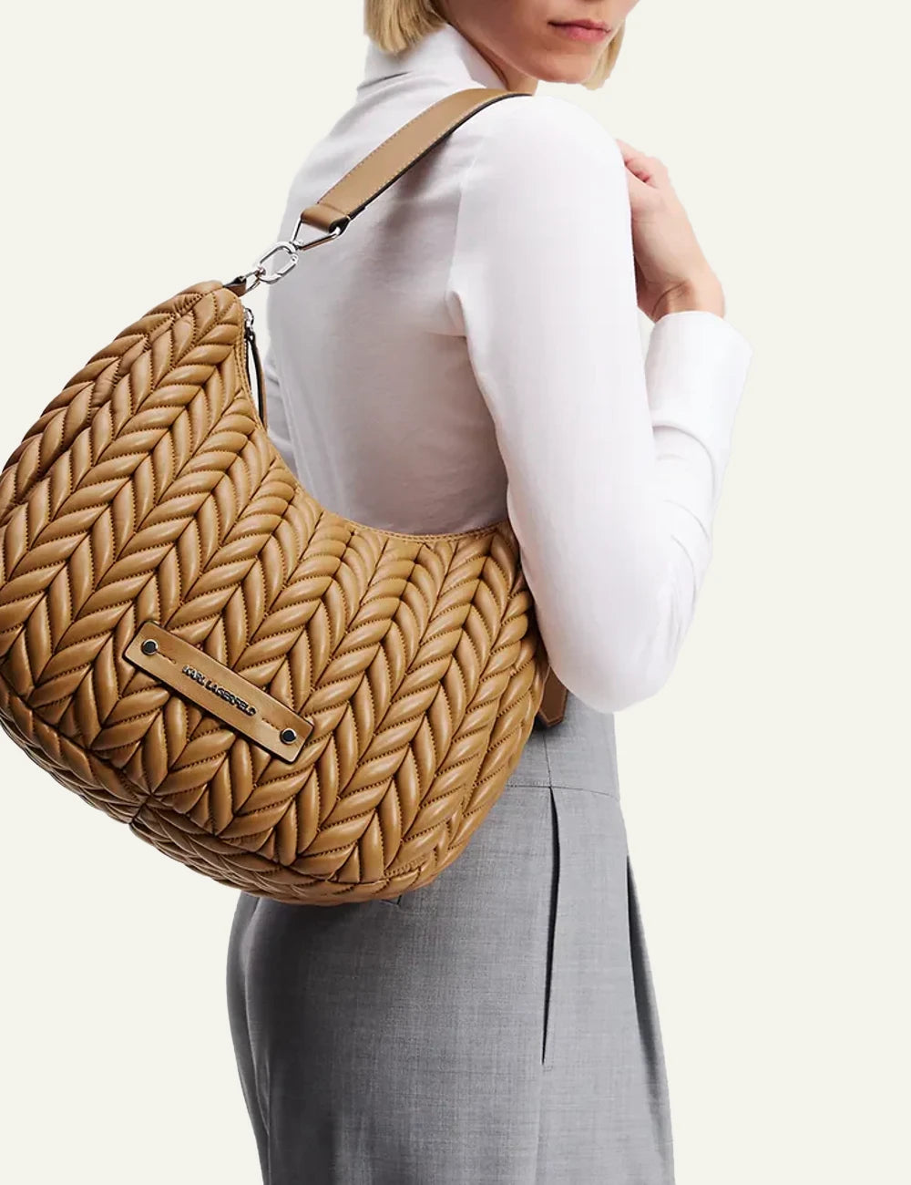 Karl Lagerfeld K-Weave hobo bag beige worn on shoulder