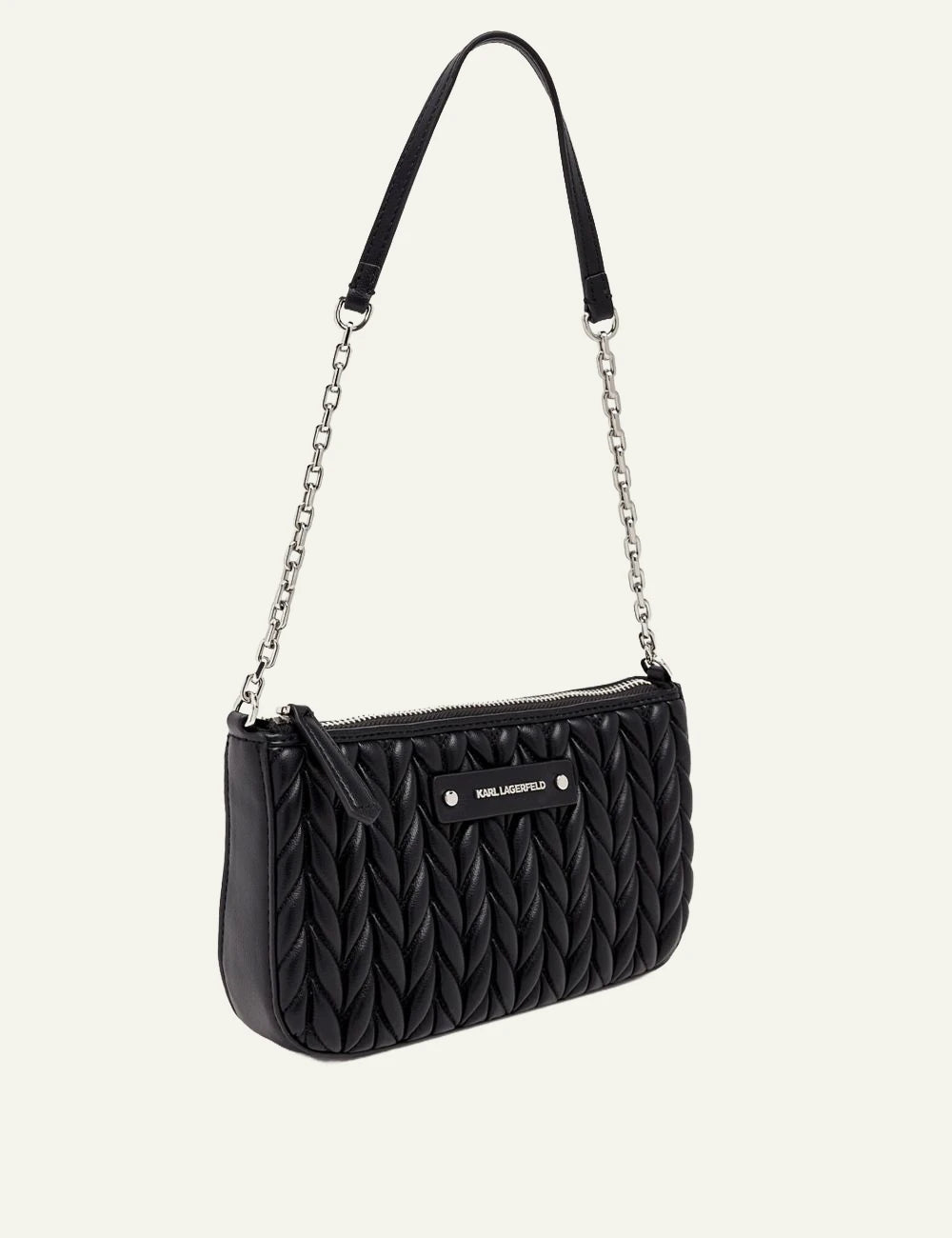 Karl Lagerfeld K-Weave shoulder pouch black side view zipper closure
