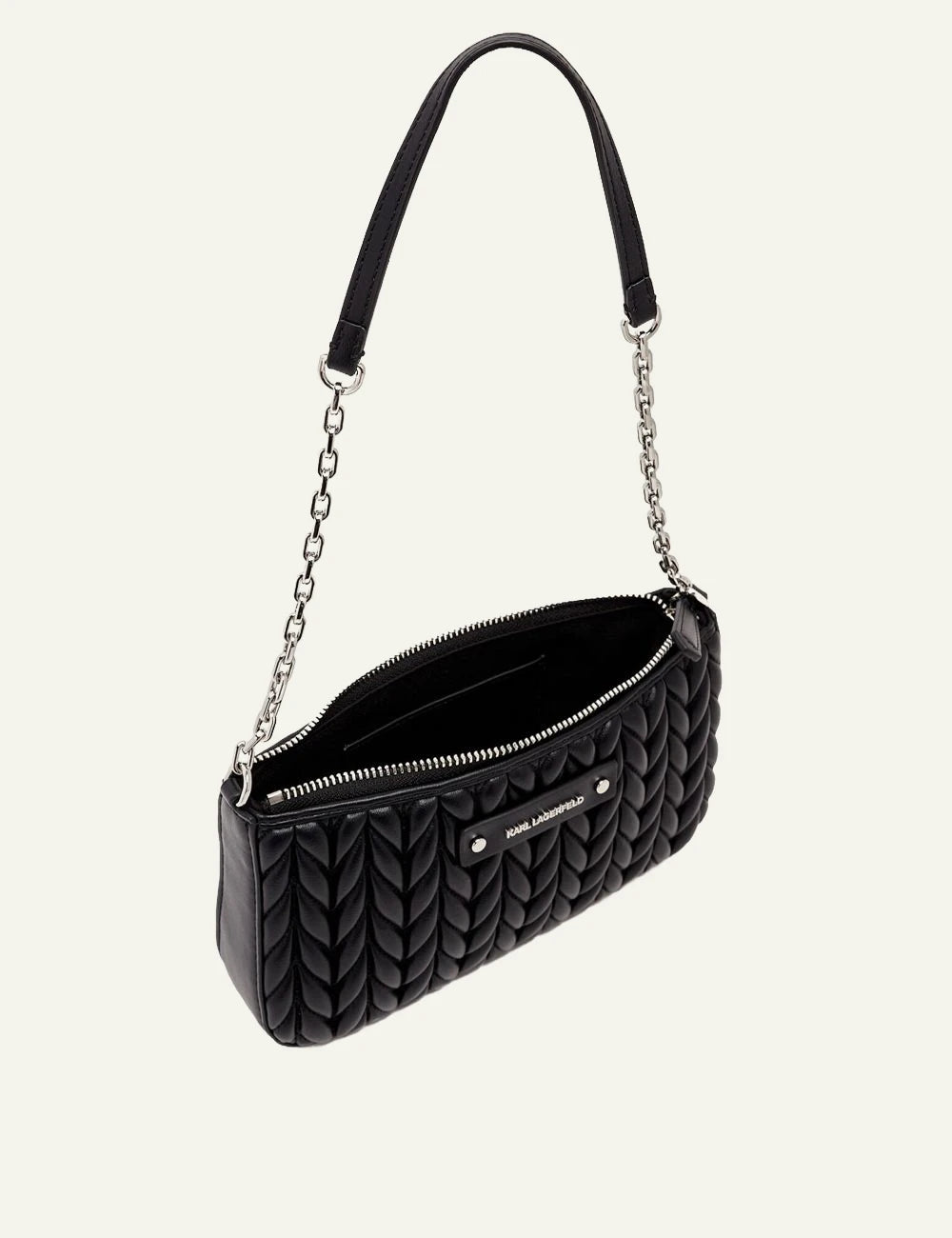 Karl Lagerfeld K-Weave shoulder pouch black logo plaque detail close-up