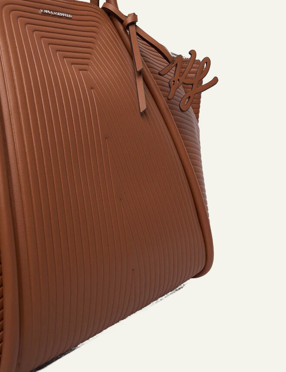 Karl Lagerfeld KWellen tote bag brown ribbed texture close up with logo detail