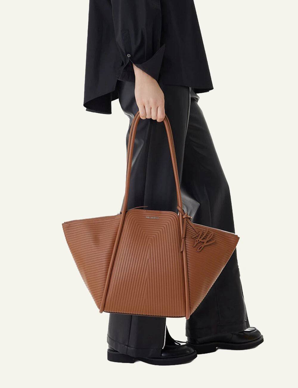 Karl Lagerfeld KWellen medium tote bag brown carried by model front view