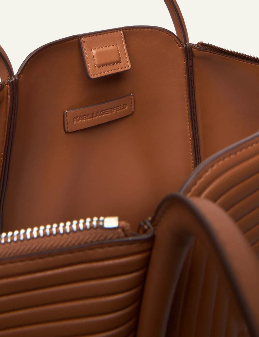 Karl Lagerfeld KWellen tote interior view brown lining and logo tag
