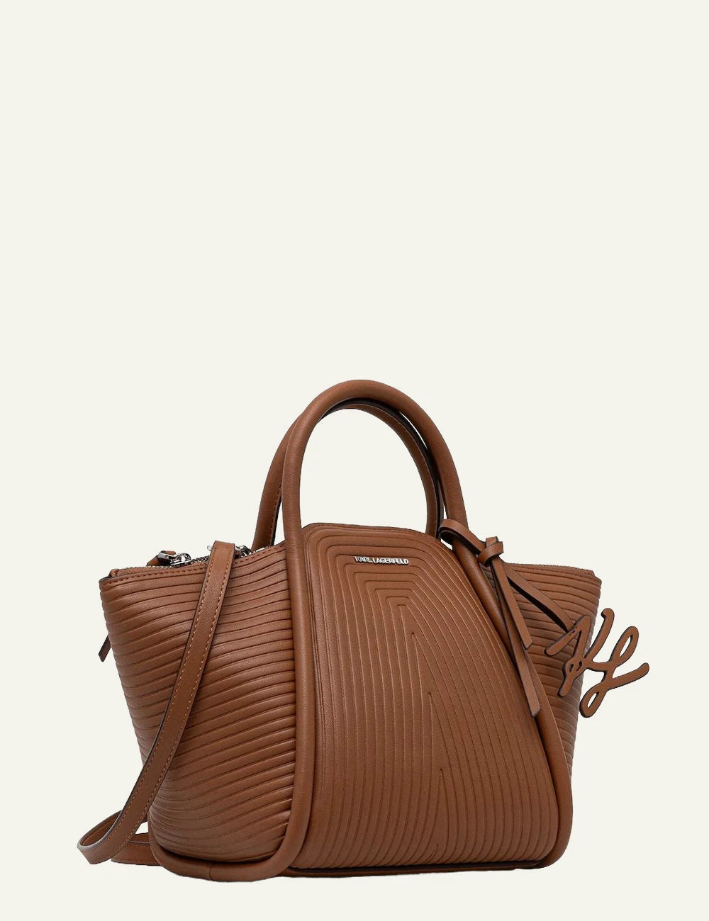 Karl Lagerfeld K Wellen small tote brown front view with shoulder strap