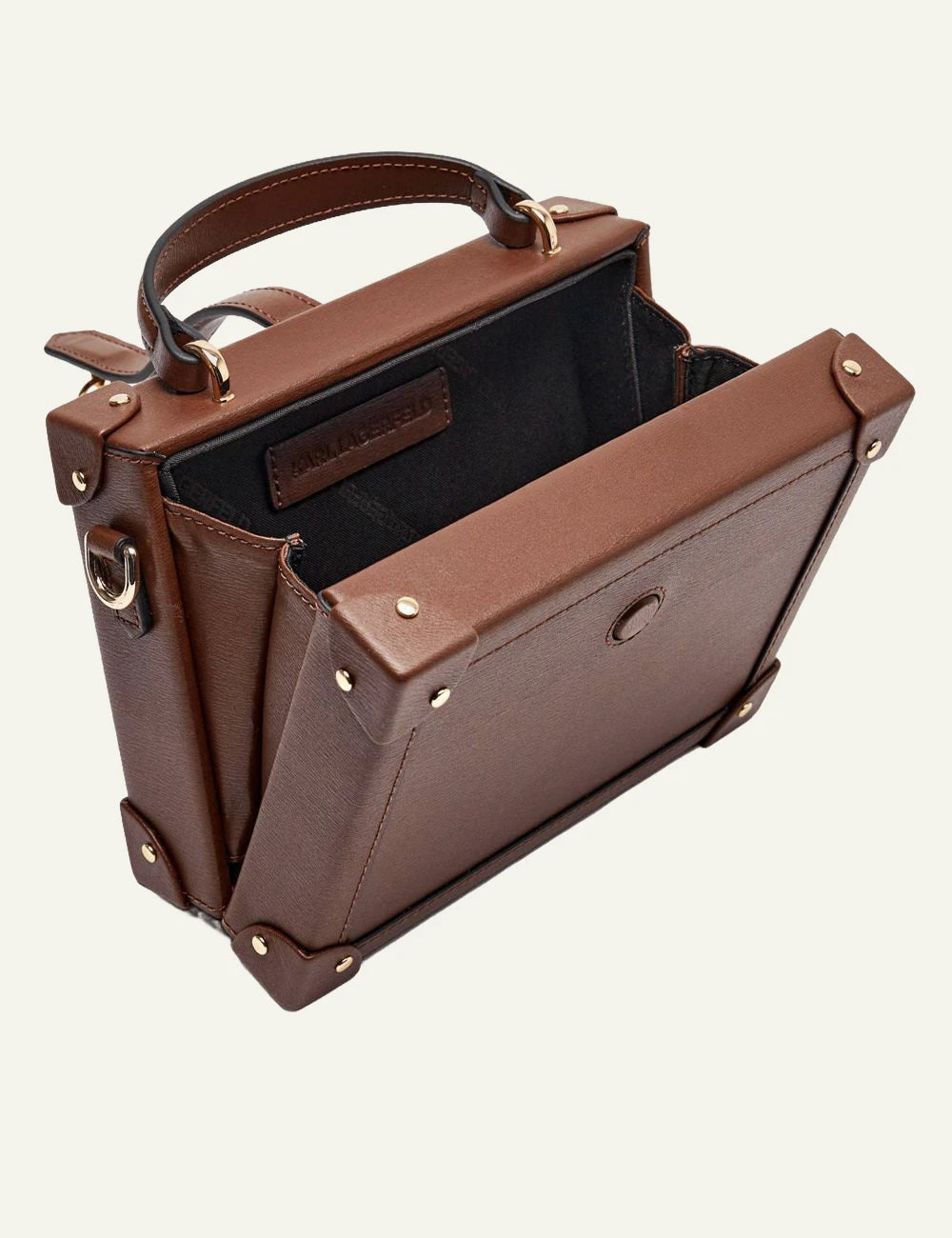 Karl Lagerfeld brown trunk bag open top view with compartments