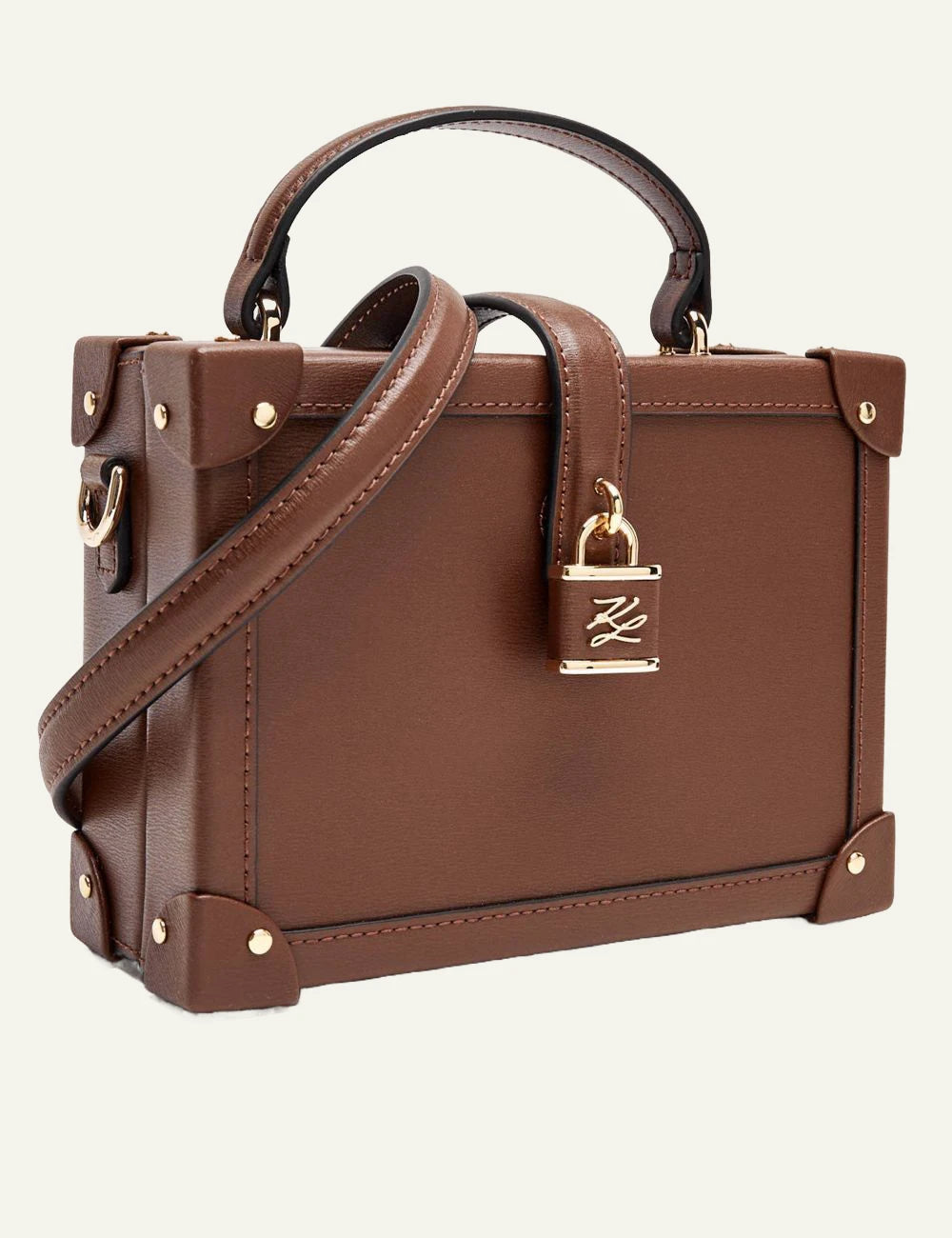 Karl Lagerfeld brown trunk bag angled side view with strap