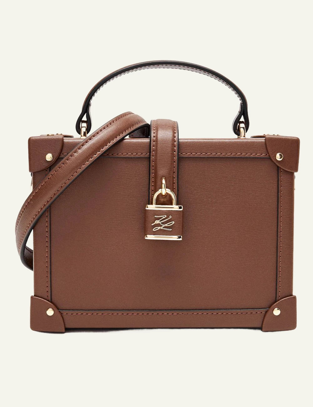 Karl Lagerfeld brown trunk bag front view with padlock detail