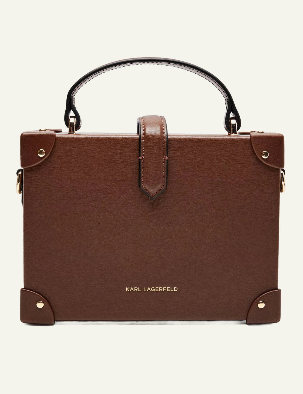 Karl Lagerfeld brown trunk bag back view with top handle and logo
