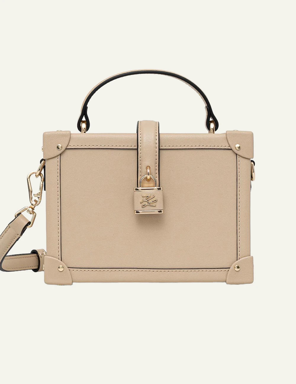Front view Karl Lagerfeld small trunk bag safari beige front view with padlock detail