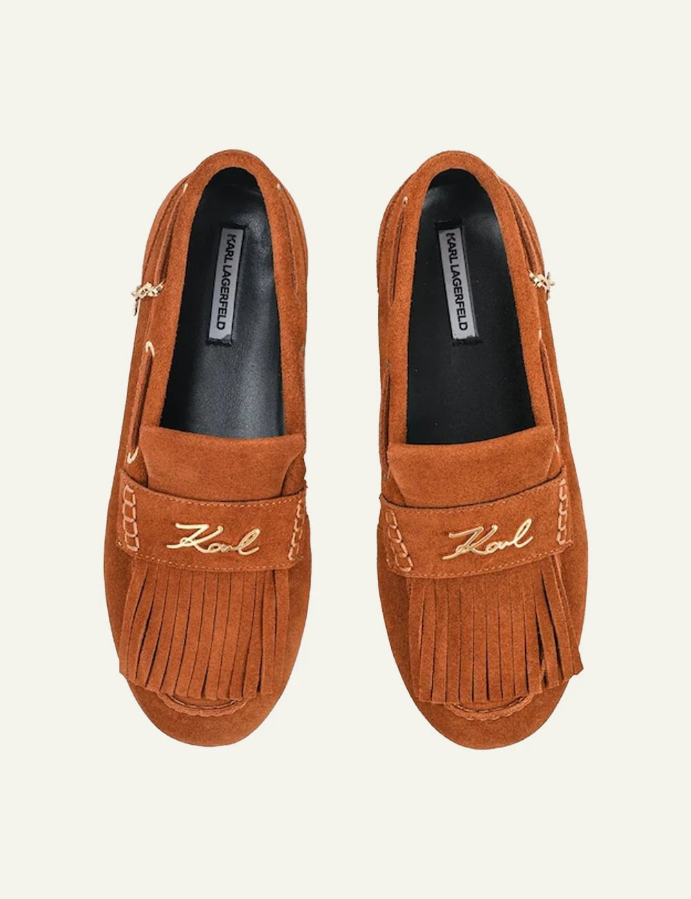 Karl Lagerfeld suede loafers brown top view logo detail