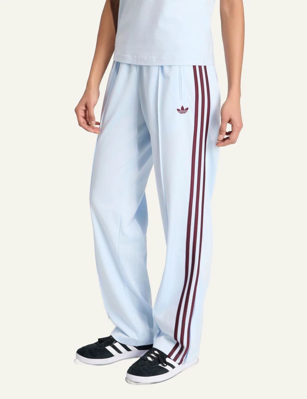 adidas firebird track pants crystal sky maroon stripes side view