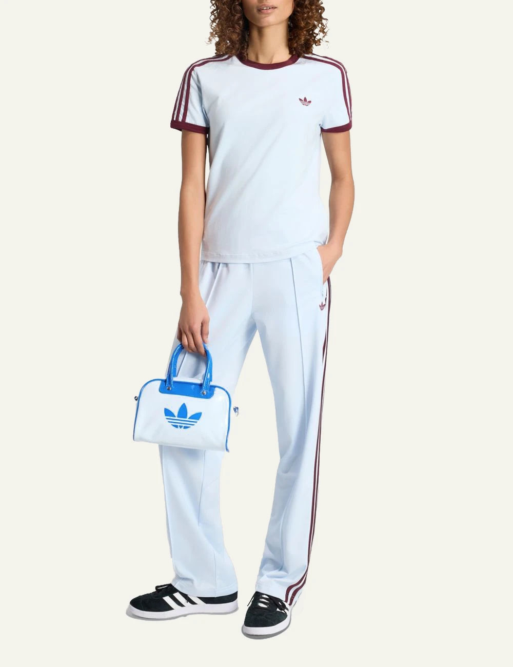 adidas firebird track pants crystal sky maroon stripes front full body view