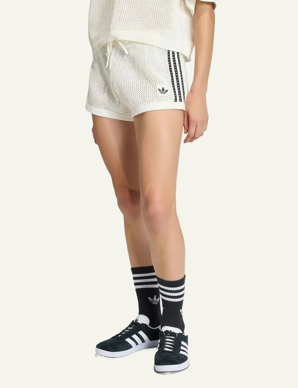 Adidas Originals crochet shorts off white front view model