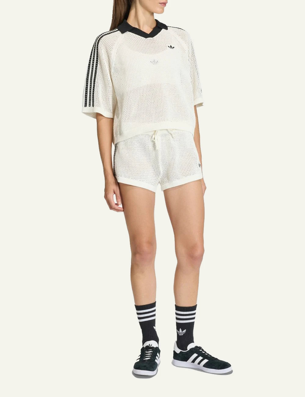 Adidas Originals crochet shorts off white front view full look