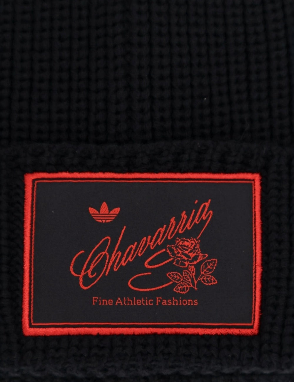 Adidas x Willy Chavarria logo close-up σε black ribbed knit beanie