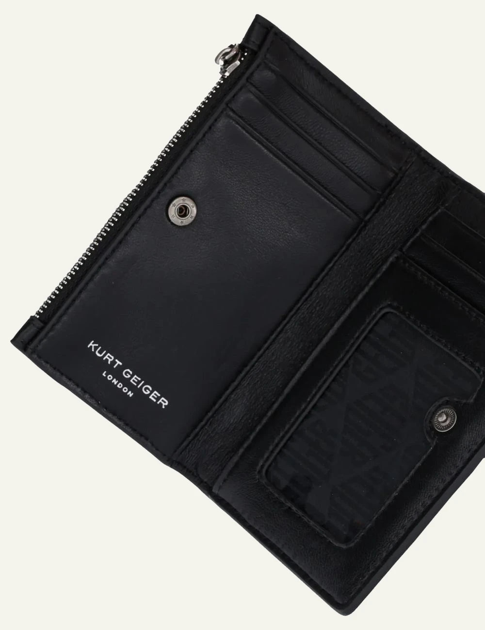 Kurt Geiger black leather bifold wallet interior open card slots ID window