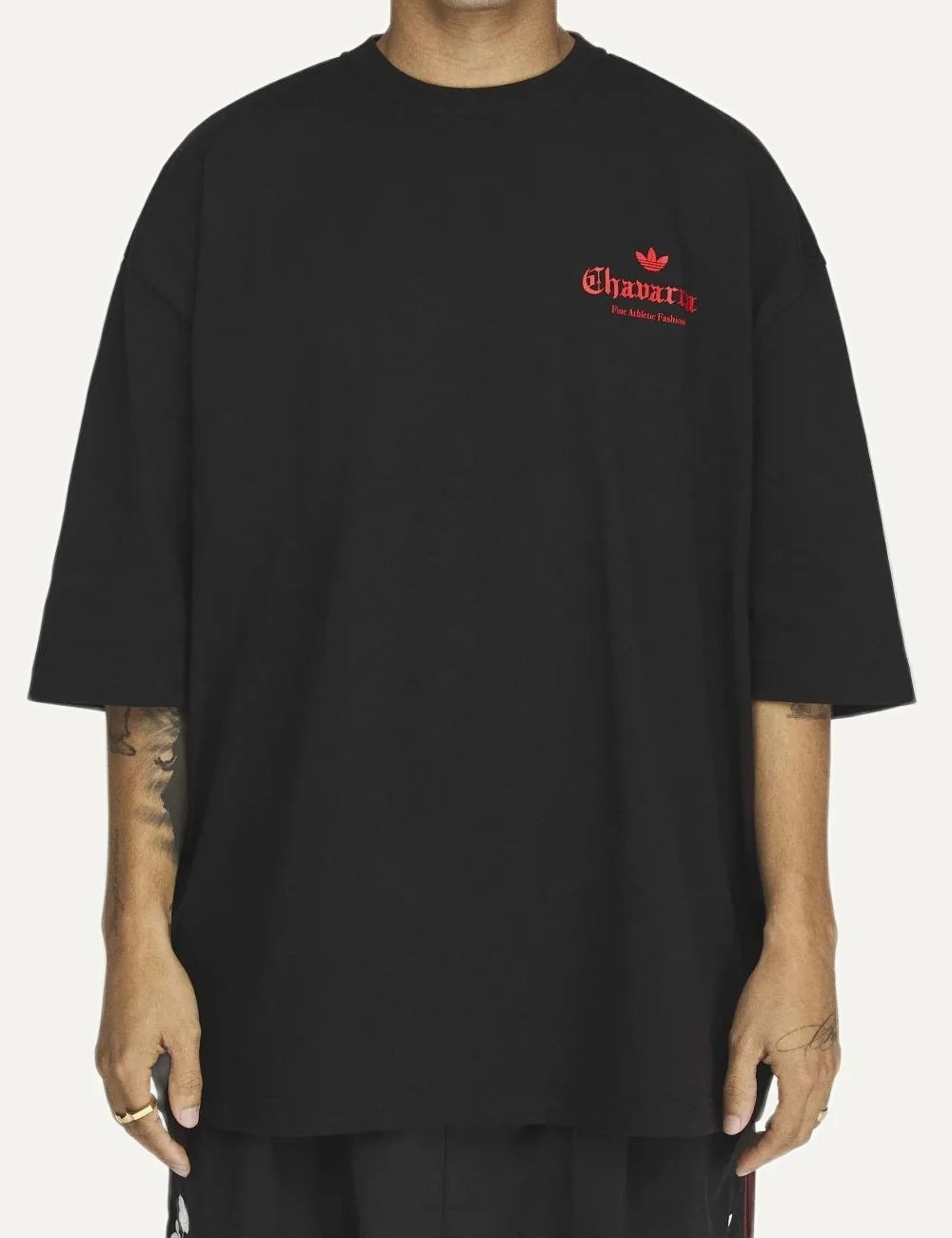Men's adidas x Willy Chavarria black cotton T-shirt with red logo and graphic print model