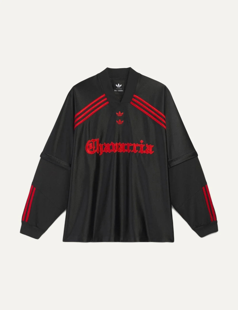 Men's adidas x Willy Chavarria black long sleeve jersey with red stripes and embroidered logos
