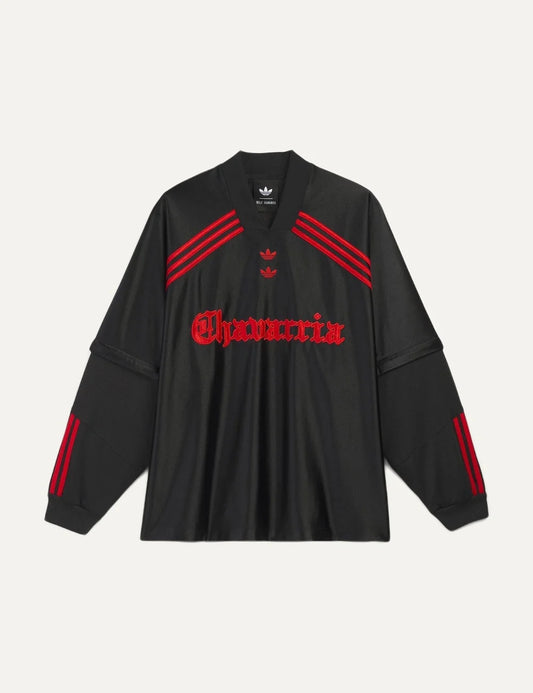 Men's adidas x Willy Chavarria black long sleeve jersey with red stripes and embroidered logos