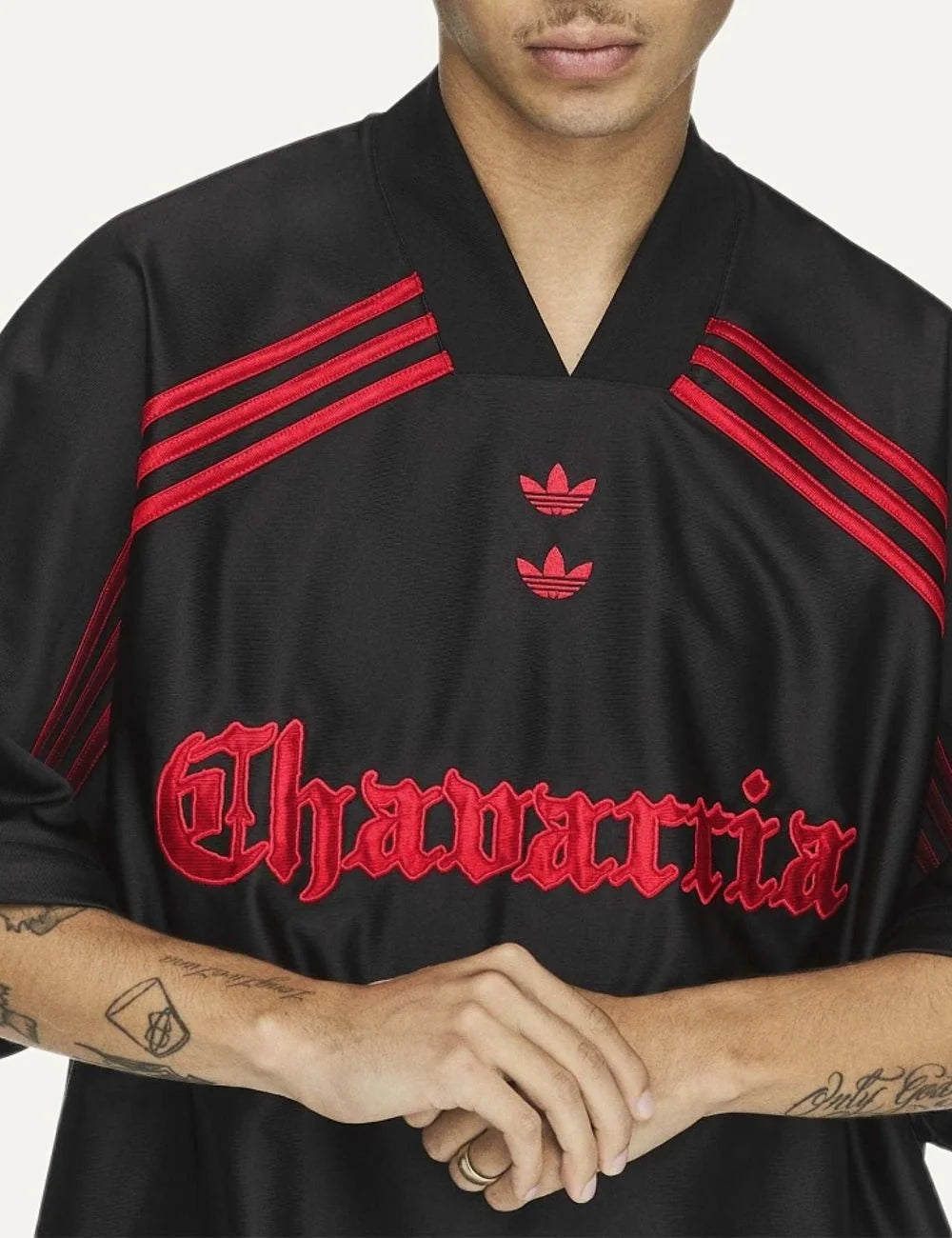 Men's adidas x Willy Chavarria black long sleeve jersey with red stripes and embroidered logos detail