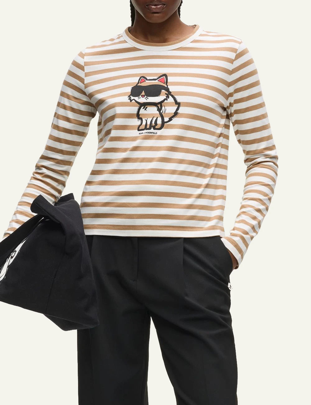 Karl Lagerfeld Ikonik Choupette Long Sleeve T-Shirt Beige White Model Front