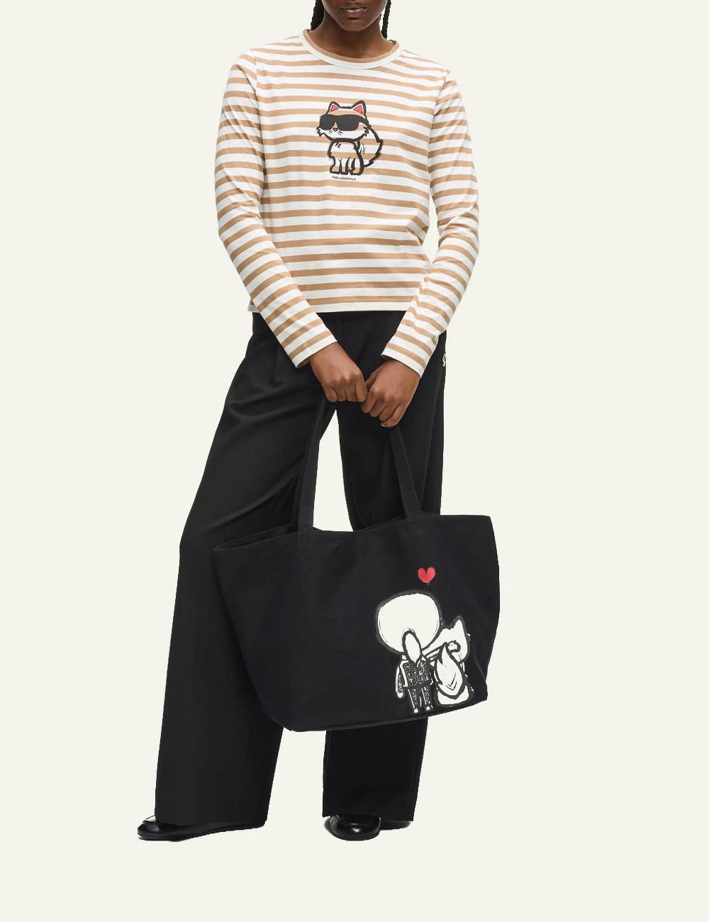 Karl Lagerfeld Ikonik Choupette Long Sleeve T-Shirt Beige White Model Full Body