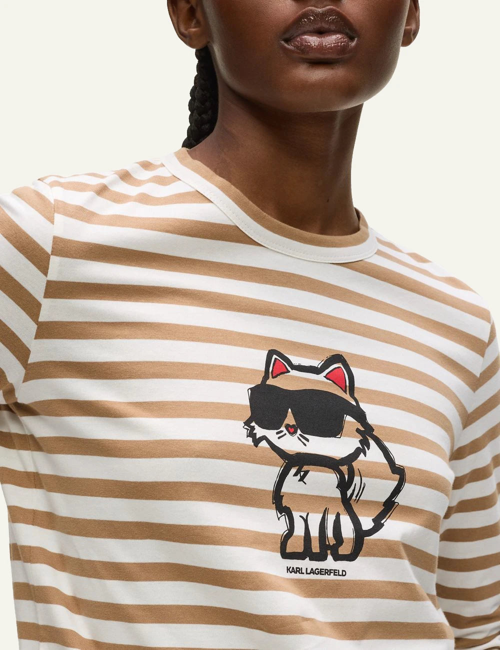 Karl Lagerfeld Ikonik Choupette Long Sleeve T-Shirt Beige White Logo Detail