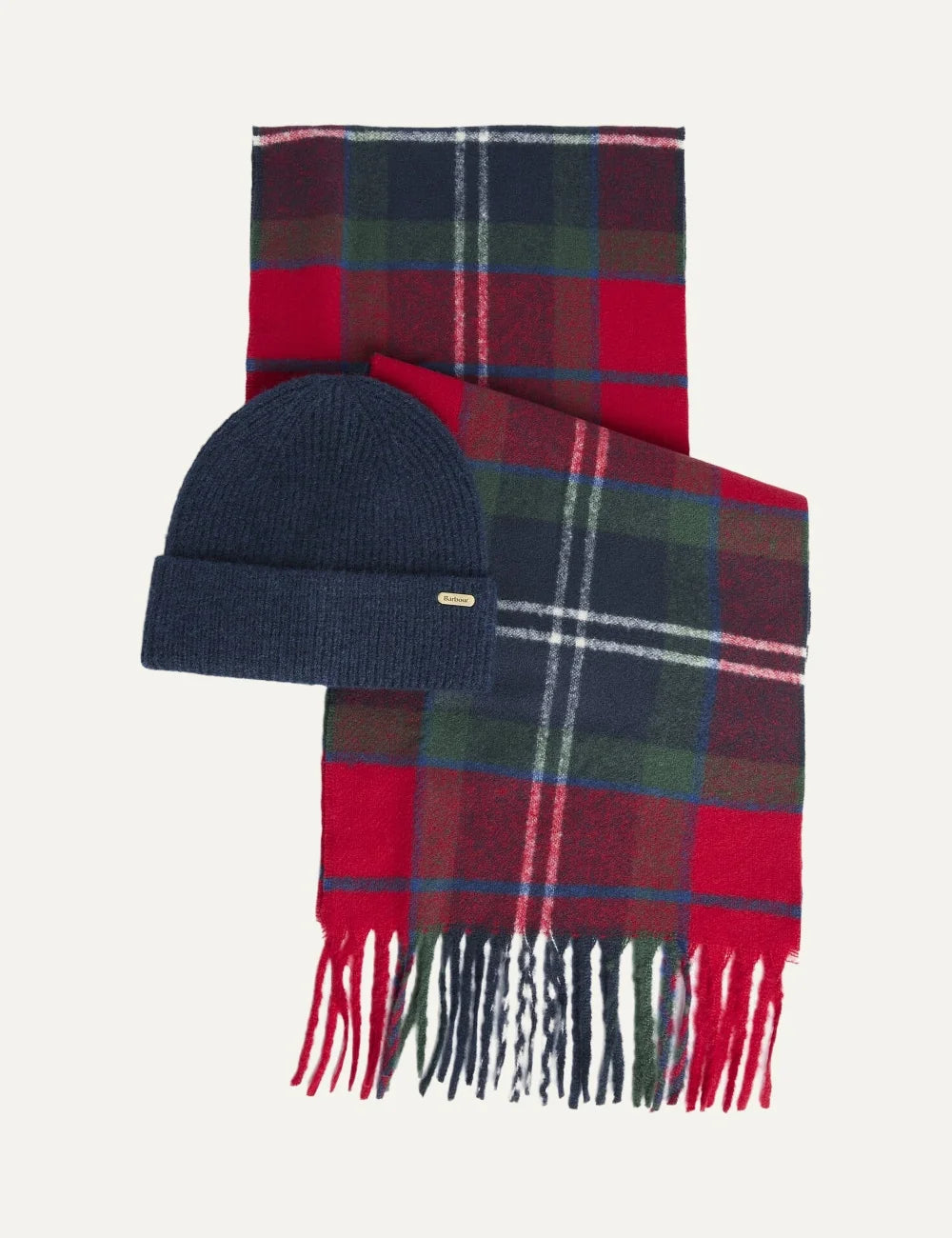 Barbour women Olivia beanie and scarf gift set with navy beanie and red blue green tartan scarf