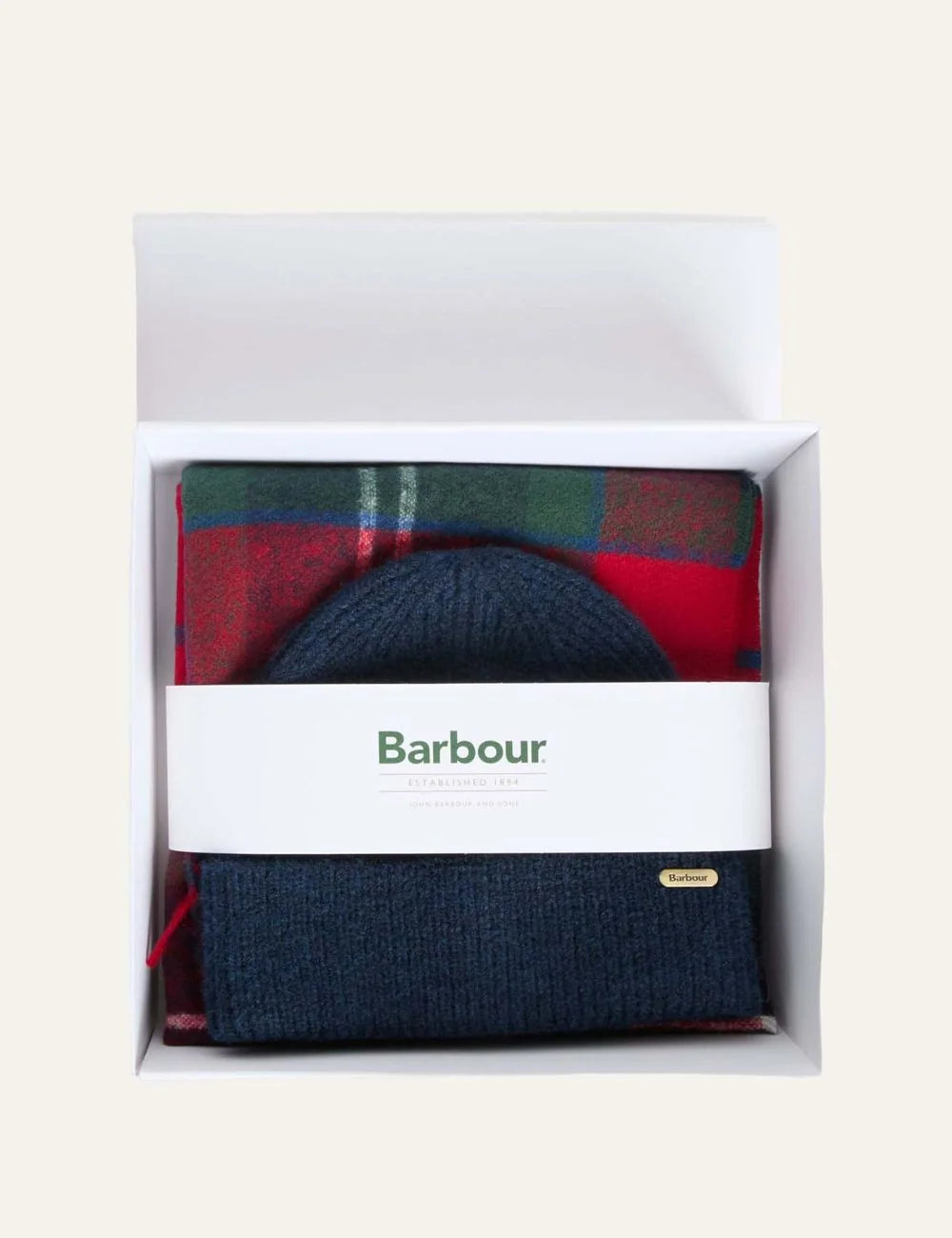 Barbour women Olivia beanie and scarf gift set with navy beanie and red blue green tartan scarf full