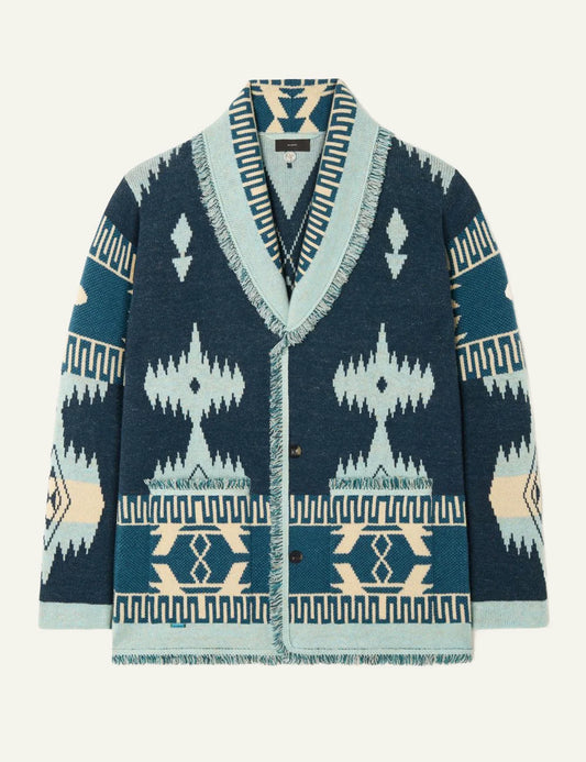 Ανδρική πλεκτή ζακέτα Alanui ethnic knit cardigan μπλε front view