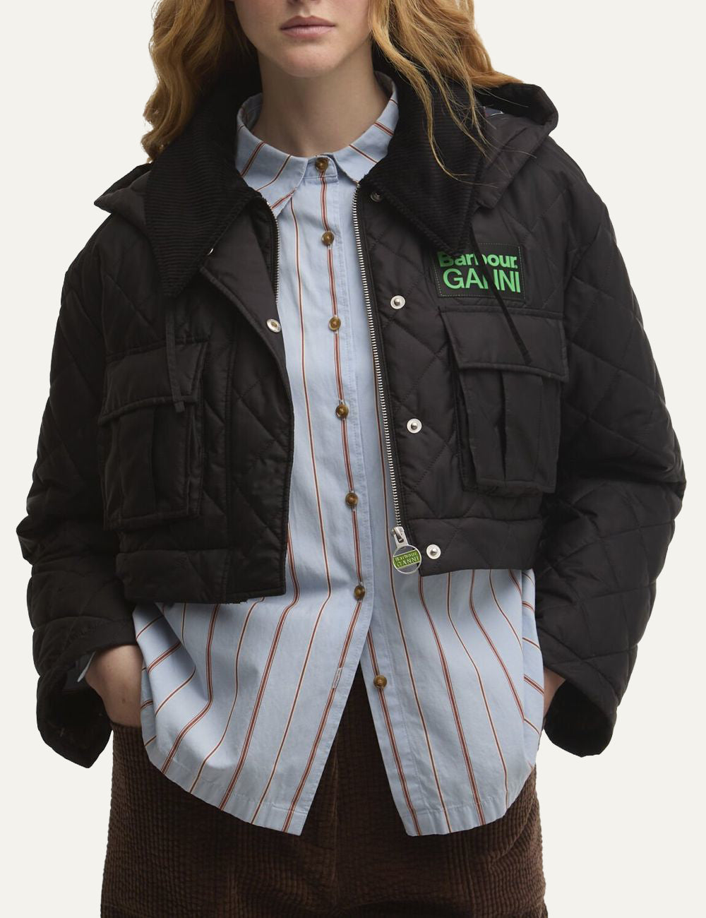 Barbour GANNI black quilted jacket cropped silhouette