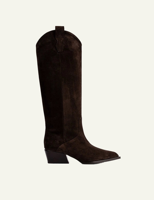  POEVE women’s dark brown calf suede western knee-high boots