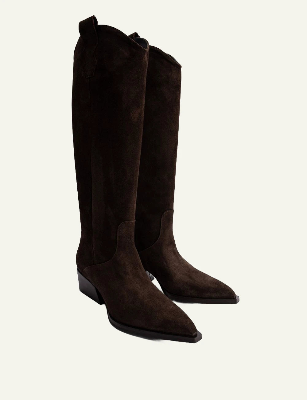  POEVE women’s dark brown calf suede western knee-high boots front