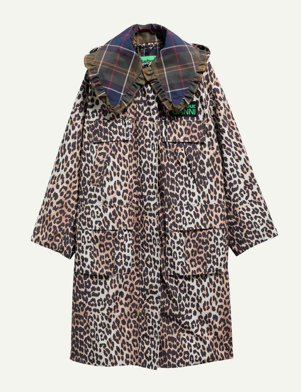 Flat lay Barbour x GANNI longline waterproof parka leopard print