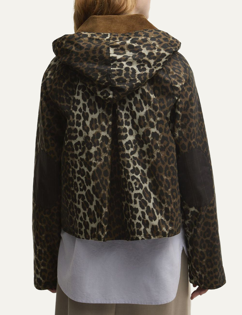 Barbour x GANNI waxed anorak back view leopard