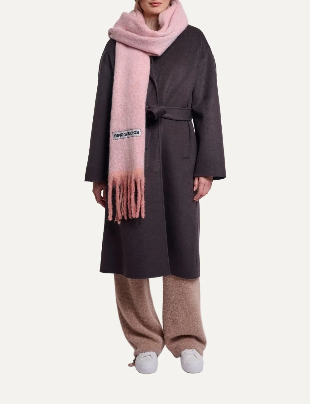 Rino Pelle women's soft pink oversized fluffy scarf with long fringes and Rino Studios logo patch full body