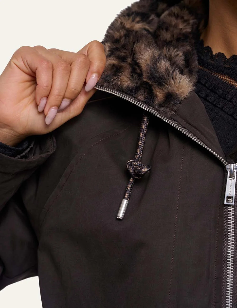 Rino &amp; Pelle women's dark brown long hooded jacket with faux fur detail detail