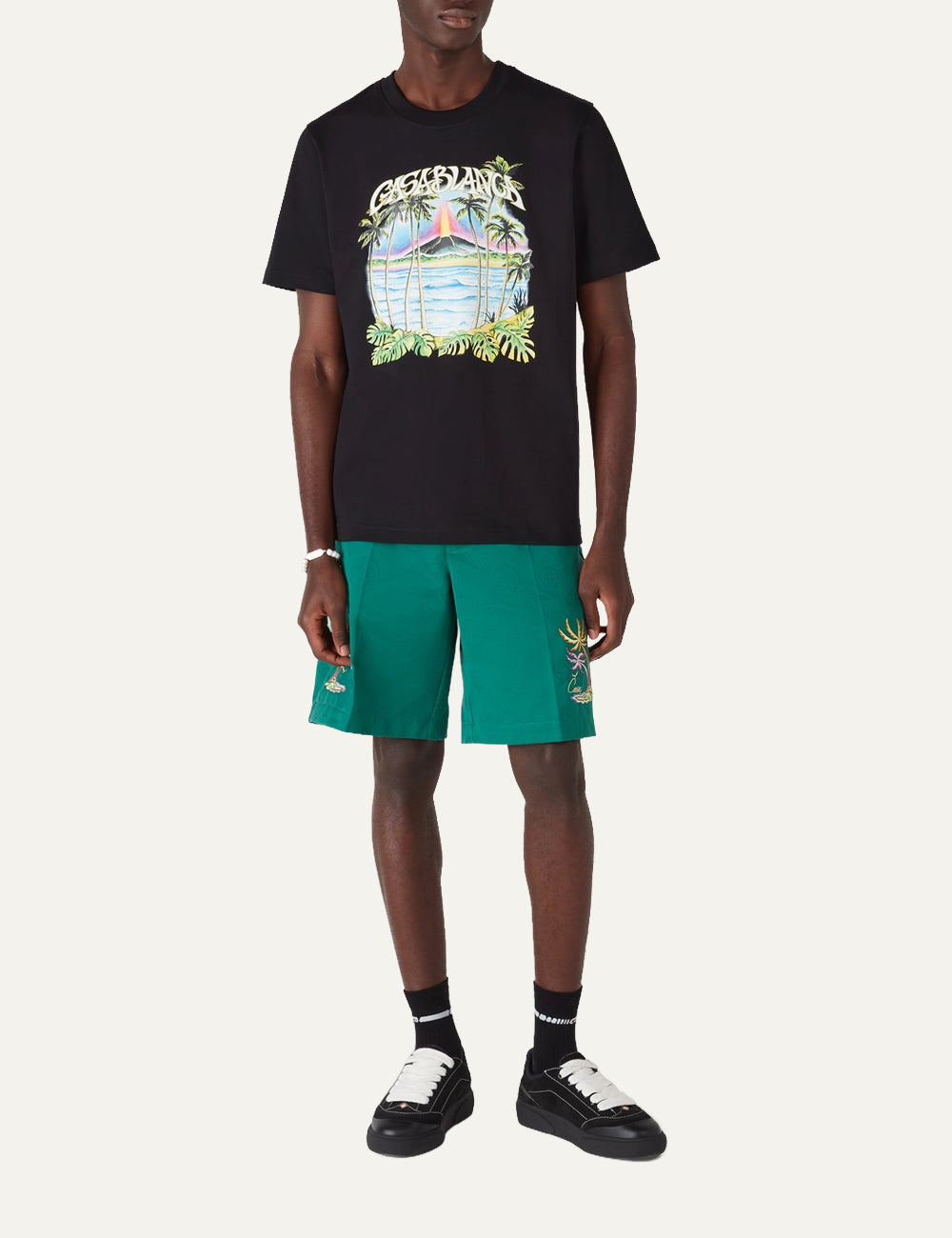 Casablanca men wearing black volcano print T-shirt relaxed fit