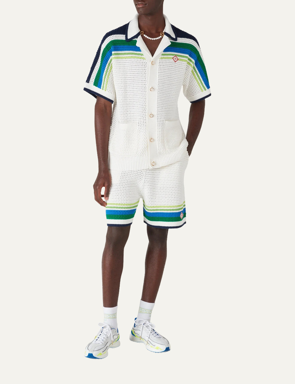 Casablanca men knit shorts white crochet cotton worn full look front